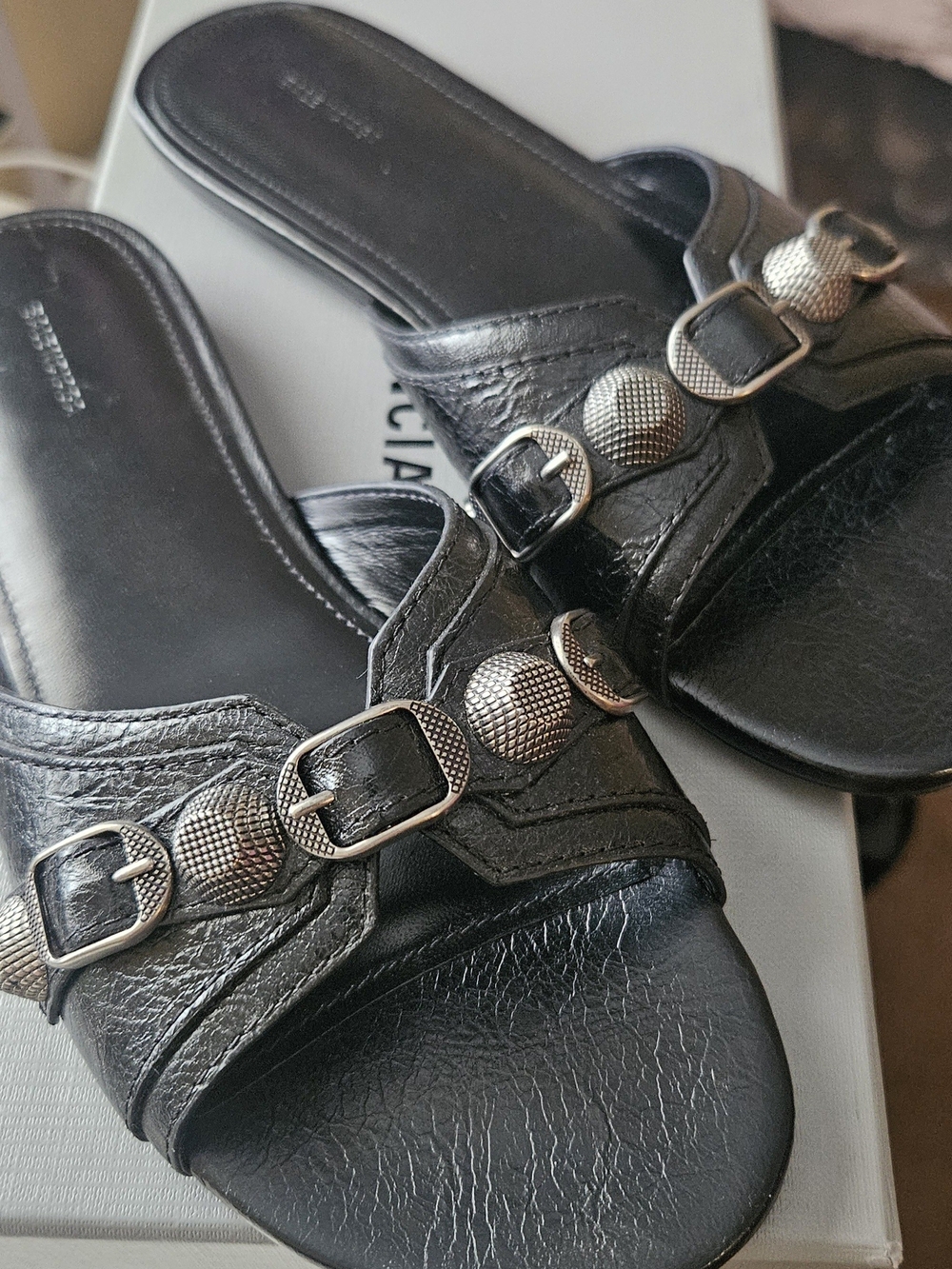 Balenciaga Cagole 37 Black Leather Slide Sandals with Silver Stud Accents
